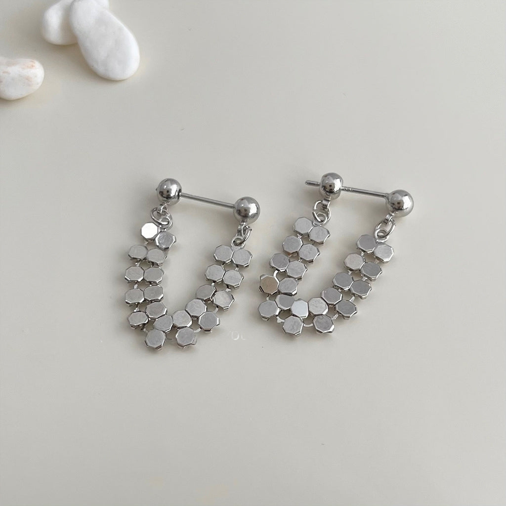 Sleek Hexagonal Link Silver Hoop Earrings  jlt11794