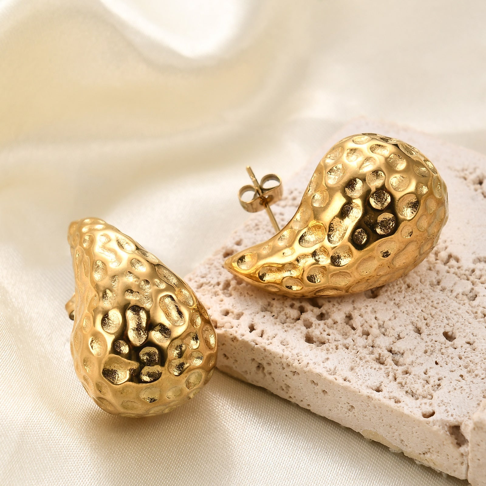 Textured Gold Nugget Stud Earrings-jlt11827