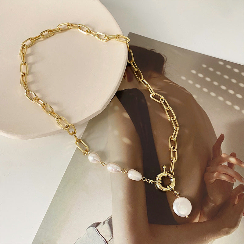 Modern Gold-Color Chain Necklace with Freshwater Pearls – Bold and Elegant Statement Jewelry-jltn0512