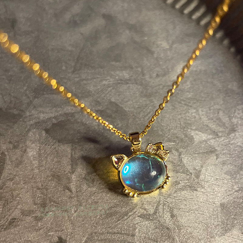 Gold-Plated Cat Pendant Necklace with Iridescent Blue Stone – Cute and Playful Charm-jltn0551