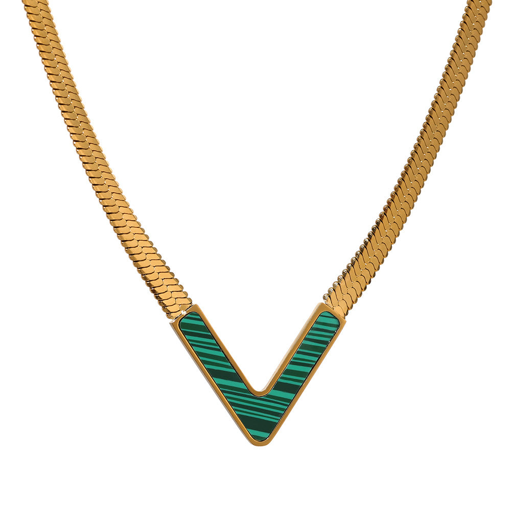 Gold V-Shaped Malachite Necklace -jltn0694